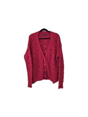 POL Open Knit Cardigan Womens L Red Pointelle Boho Chic Distressed Grunge SZ346